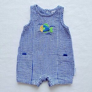 Healthtex Embroidered Fish Blue & White Cotton Seersucker Sleeveless Romper 3-6M